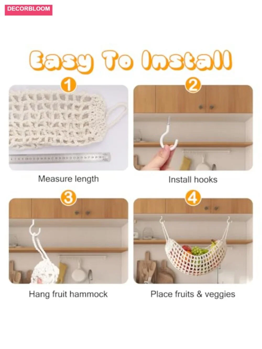 Handwoven Cotton Macrame Fruit Hammock with 4 Hooks Vegetable Storage